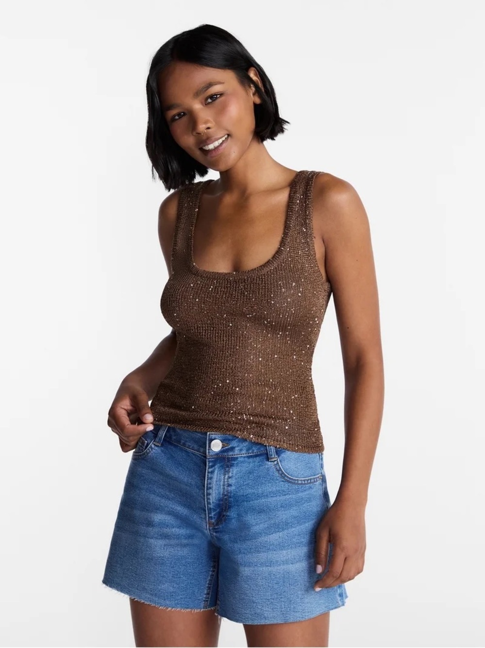 No Boundaries Sequin Sweater Tank Top Brown Knit Scoop Neck Subtle Sparkle XXS